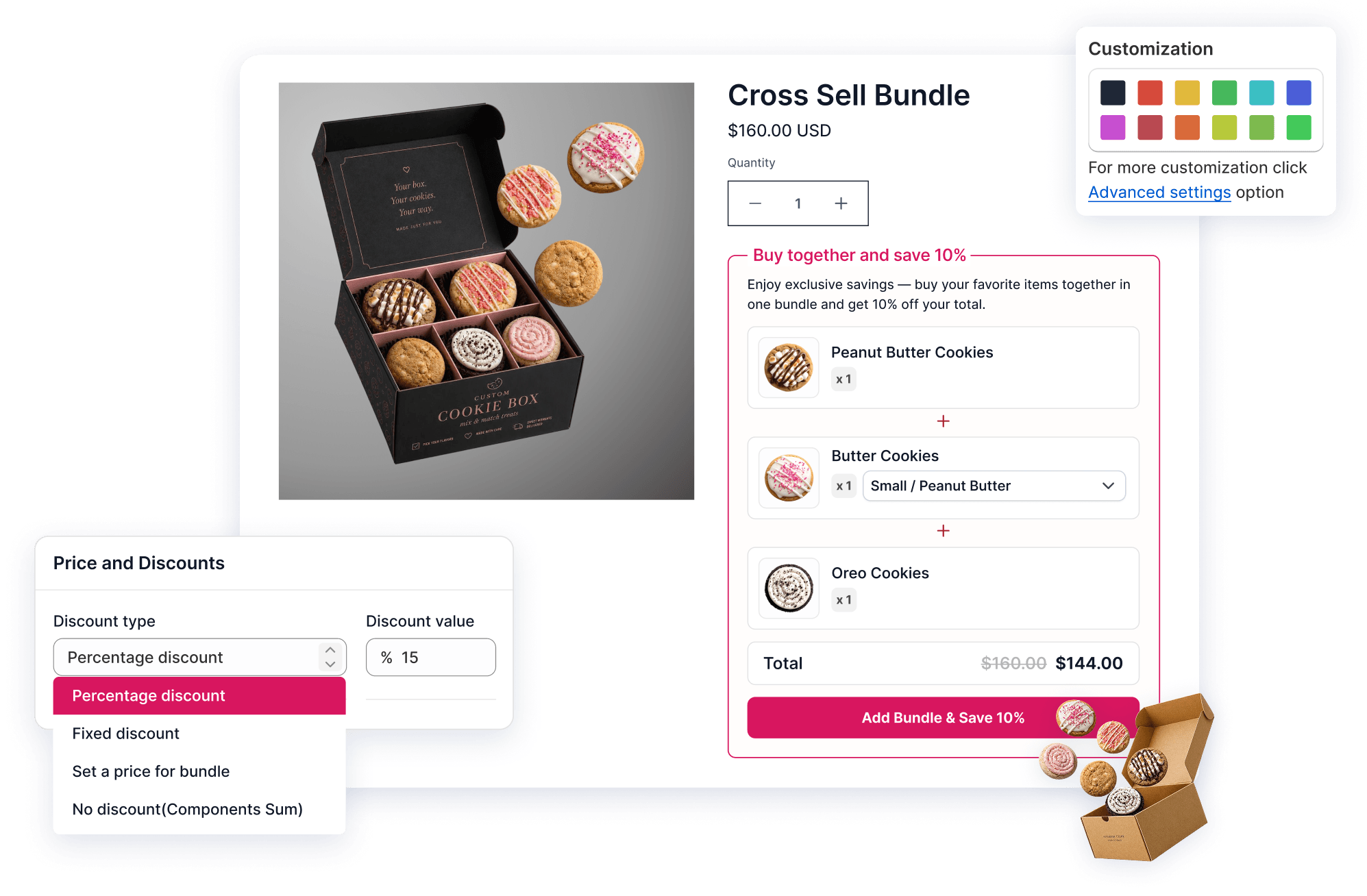 PushBundle mix-and-match single-product bundle builder with tiered box discounts
