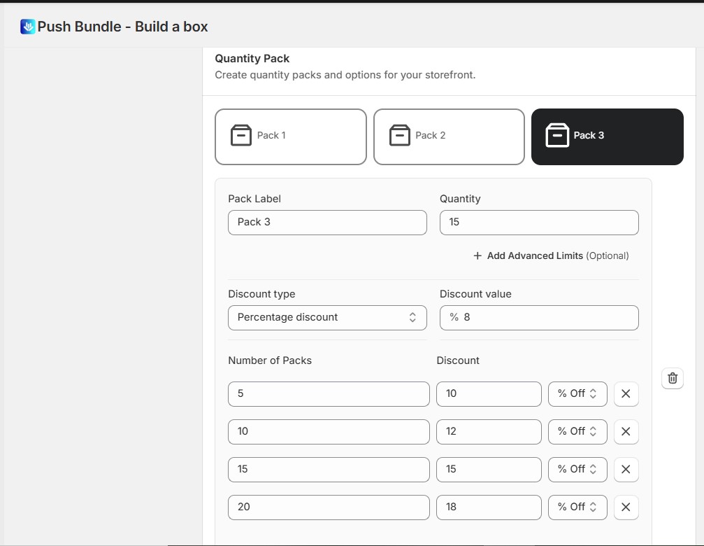 añadir paquetes de cantidad